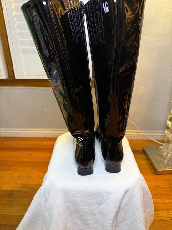 Jeffrey Campbell Black Patent Over-the-Knee Boots with Gold Medallion - Picture 4 of 7